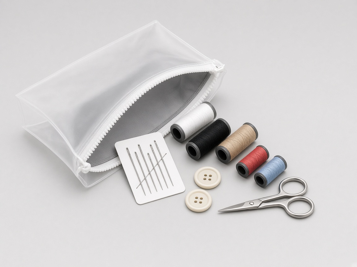 Hotel sewing kit with thread, needles, buttons, and scissors