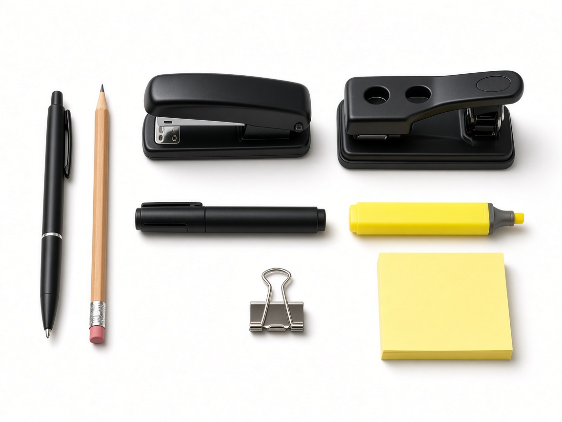 Pen, pencil, stapler, puncher, marker, highlighter, binder clip, and sticky notes